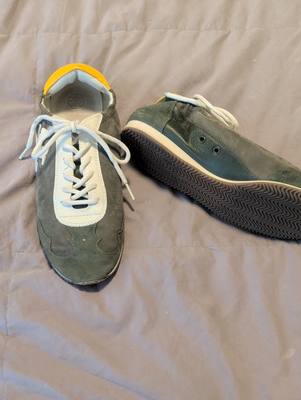 Tory Burch Green Suede and White Lace-Up Flats with Yellow Trim